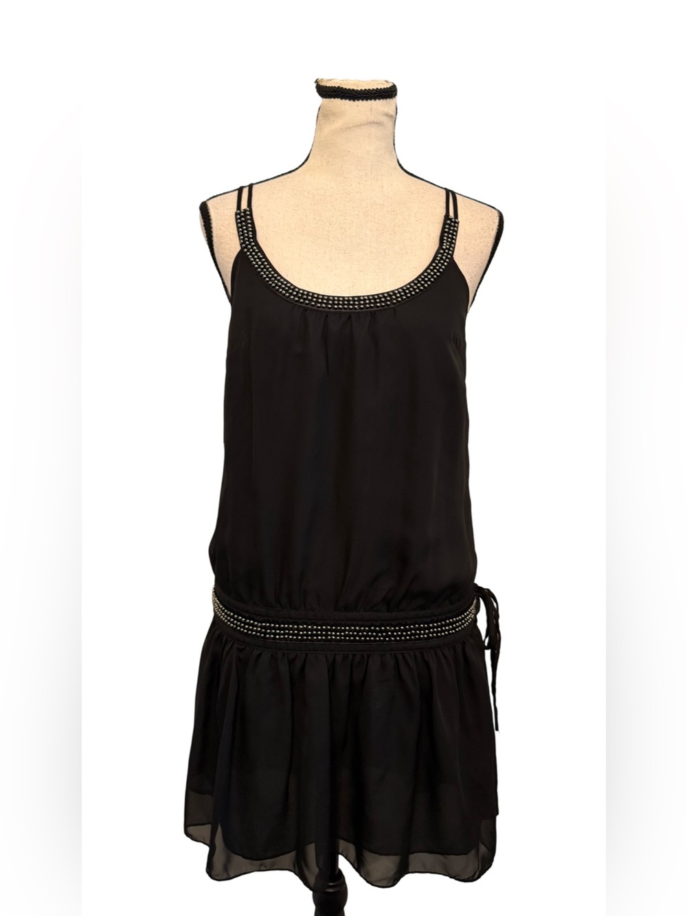 GUESS Los Angeles Black Studded Chiffon Drop Waist Mini Dress Size Small